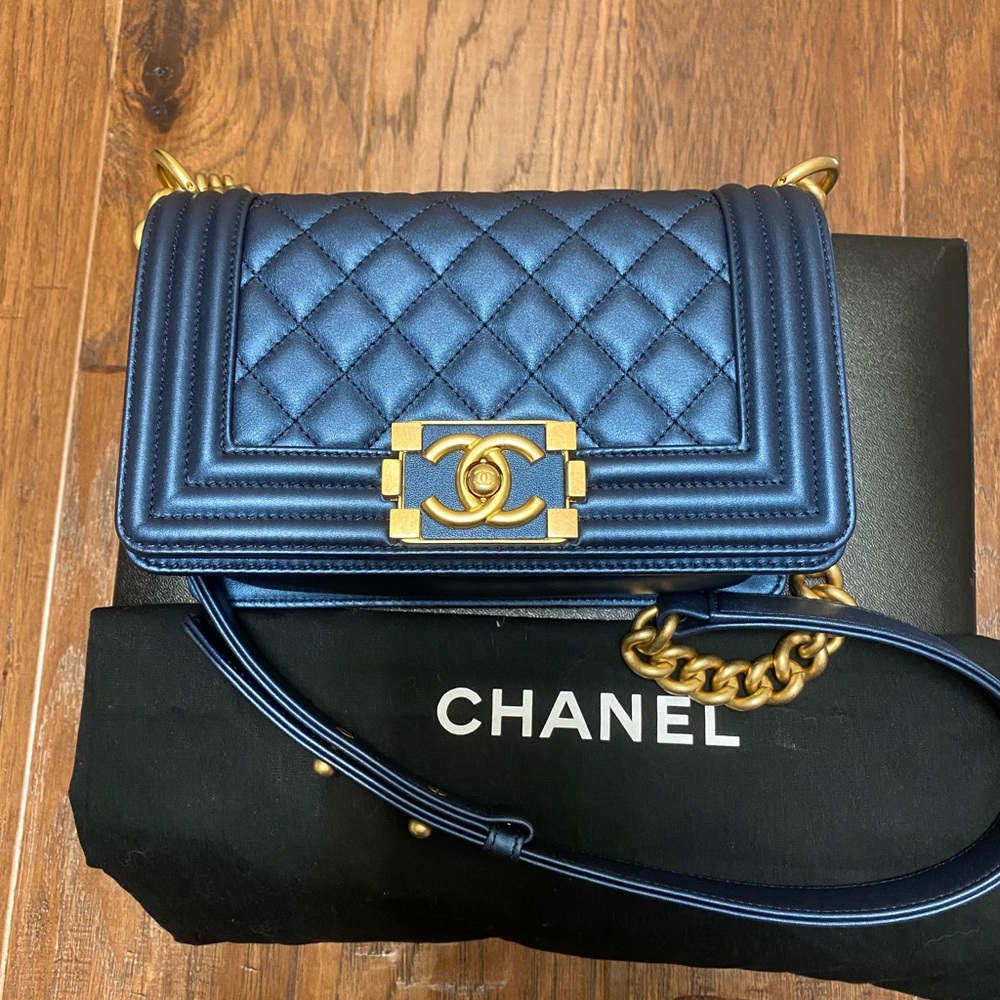 CHANEL Metallic Navy Blue Boy Bag - Small